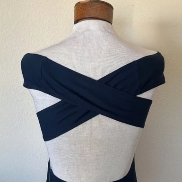 American Apparel Ponte Off-Shoulder Cross Back Dress Small Navy Blue - Picture 3 of 5